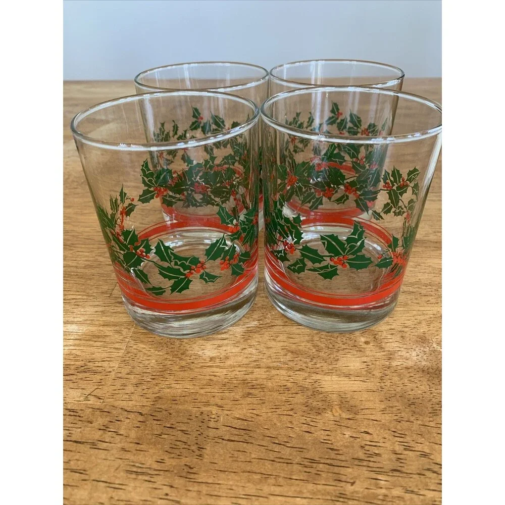 Vintage Libbey Holly Berry Ribbon Glass Coffee Mugs set of 4‎ Holiday 8 oz